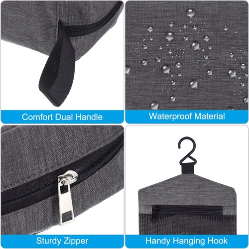 Vista 3 de PATIKIL Neceser de viaje, organizador de maquillaje portátil, bolsa de aseo impermeable con gancho para colgar para hombres y mujeres, Gris