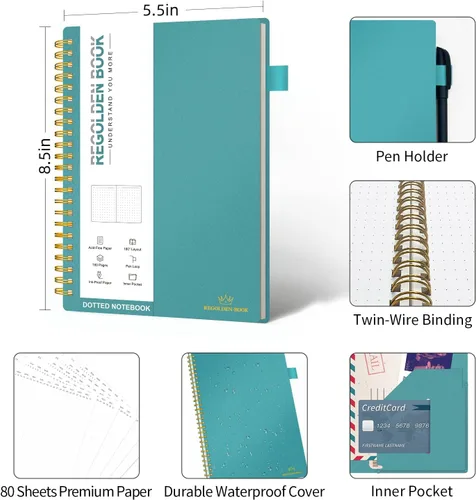 Vista 6 de Regolden-Book Cuaderno de puntos en espiral sin fecha, cuaderno mediano de cuadrícula A5, cuaderno de espiral grueso con soporte para bolígrafo, 160