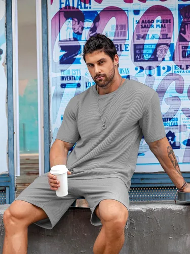 Vista 3 de Babioboa Conjunto de camiseta y pantalones cortos de manga corta para hombre, 2 bolsillos, de gran tamaño, de dos piezas, casual, uso diario