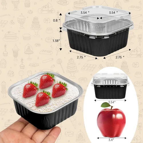 Vista 2 de 50 Pcs Mini Square Baking Cups with Lids,5oz Aluminum Foil Mini Cake Pans with Lids,Disposable Ramekins Cake Pans,150ml Dessert Cups Cupcake Pans