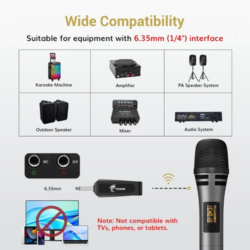 Vista 4 de TONOR Micrófonos Inalámbricos, Sistema de Micrófono UHF Dual para Karaoke, Microfonos Inalámbricos con Receptor Recargable, Micrófono Dinámico