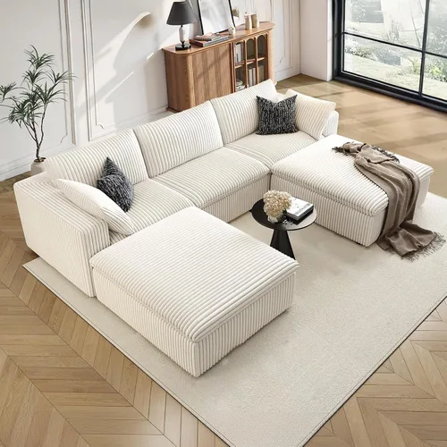Vista 33 de 118" Cloud Couch Oversized Modular Sectional Sofa, Boneless L-Shaped 6 Seater Deep Seat Couch with Ottoman, Soft Corduroy Upholstery, DIY Negro