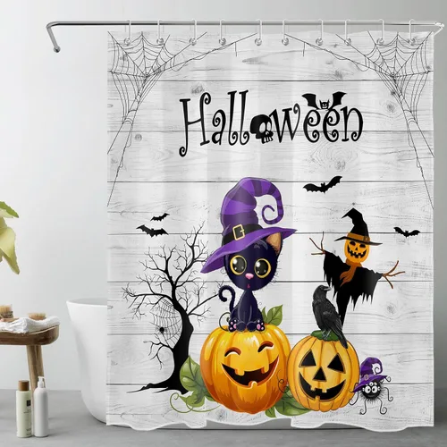 Vista 12 de LB Cortina de ducha espeluznante de murciélago de Halloween para baño, cortina de ducha de tela blanca y negra con ganchos, divertido juego