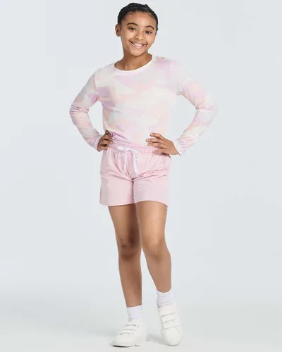 Vista 6 de Real Essentials Paquete de 4 pantalones cortos para correr de rendimiento atlético para niñas con cordón y bolsillos
