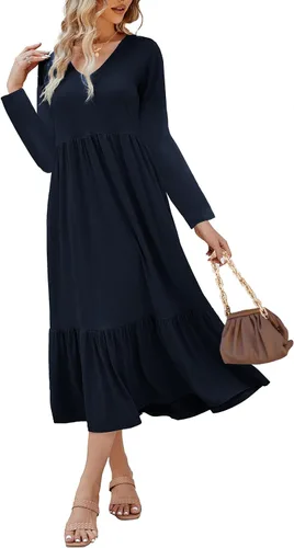 Vista 3 de Paintcolors Vestido largo casual de manga larga con cuello en V para mujer, vestido escalonado, color sólido, holgado, con vuelo, vestido midi