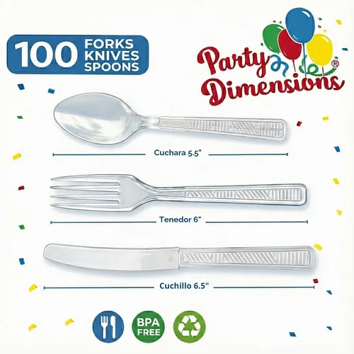 Vista 2 de Party Dimensions Caja combinada de cubiertos de plástico de 300 unidades, juego de cubiertos desechables de plástico transparente, 100 tenedores