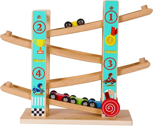 Vista 8 de Juguete de pista de carreras de rampa de madera para automóvil, juego de autos para niños, 4 unidades de autos de repuesto, vehículos de pista