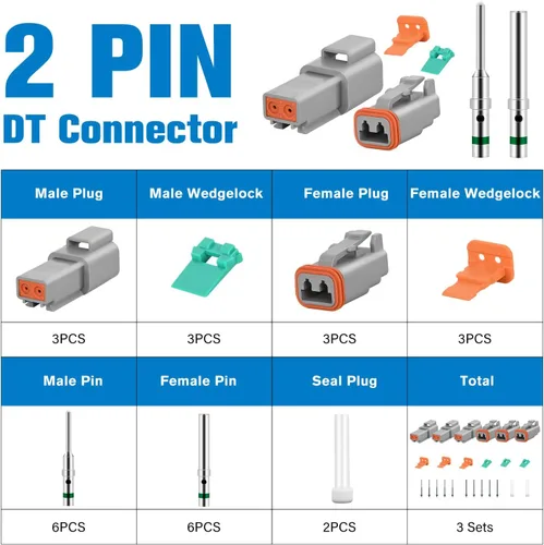 Vista 3 de Nilight Kit de conectores DT de 2 pines, 3 juegos de tamaño 16 contactos sólidos, terminal macho hembra impermeable para conectores de la serie DT