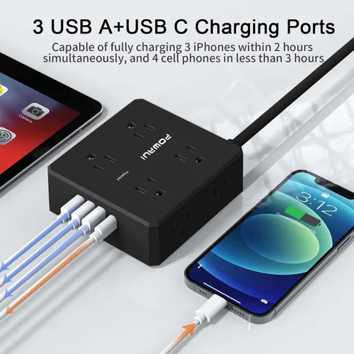 Vista 3 de Regleta protectora de sobretensiones – Cable de extensión de enchufe plano de 6 pies con 8 tomas amplias y 4 puertos USB (1 USB C), extensor de Negro