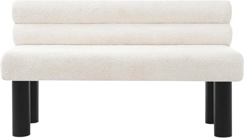 Vista 9 de GDFStudio Banco tapizado de bouclé con respaldo para comedor, banco de entrada estilo granja con patas de madera de goma, banco largo para Beige