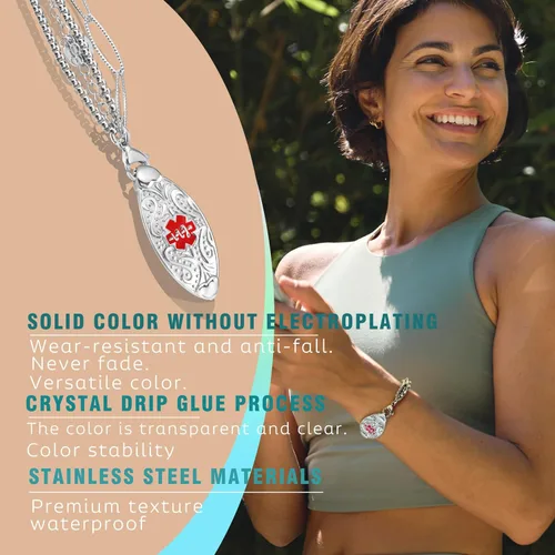 Vista 12 de Pulseras de alerta médica elegantes personalizadas para mujer con grabado gratis, pulsera de identificación de emergencia personalizada