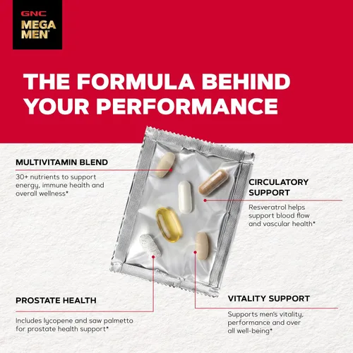 Vista 5 de GNC Mega Men Performance and Vitality Vitapak Program, nutrición completa conveniente, 5 productos en 1 paquete, circulación, flujo sanguíneo, salud