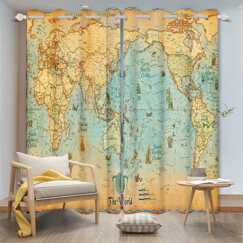 Vista 3 de Renaiss Juego de 2 paneles de cortinas para ventana de mapa del mundo de 29 x 45 pulgadas, diseño nostálgico de mapa de geografía
