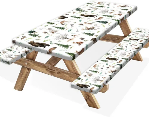 Vista 48 de Funda para Mesa de Picnic con Fundas para Bancos y Bolsa, Campista de Madera Impermeable Resistente al Viento, Cubierta de Mantel Ajustada con Borde