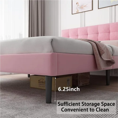 Vista 4 de Lijimei Base de cama de tamaño matrimonial con cabecero, base de cama tapizada con soporte de listones de madera y cabecera de plataforma, base