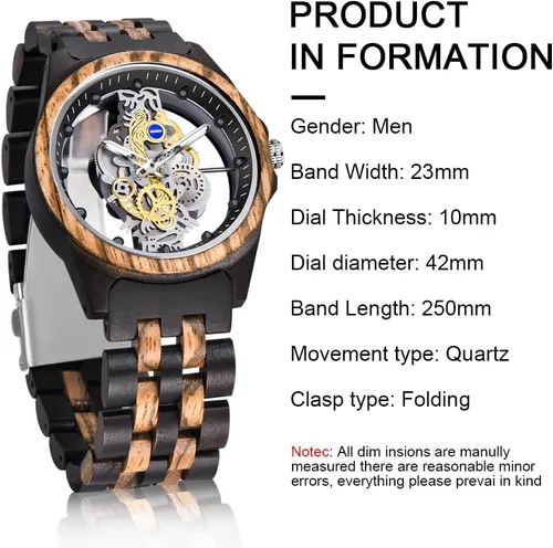 Vista 5 de Dentily Reloj de madera para hombre, reloj de madera ligero para hombre, relojes analógicos de madera de cuarzo para hombres