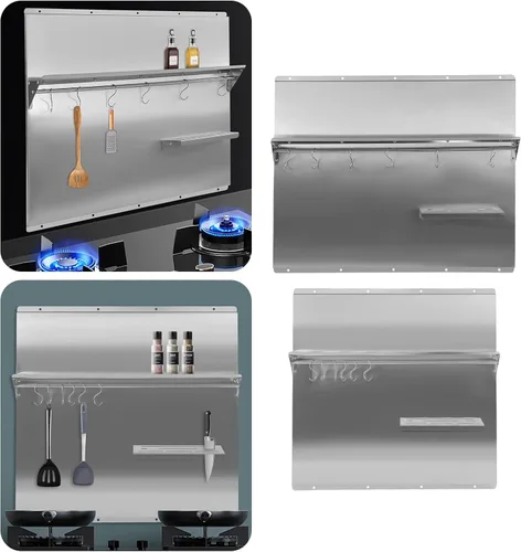Vista 7 de Protector de pared con protector de pared de acero inoxidable para salpicaduras, con estante de almacenamiento integrado y estante colgante para uso