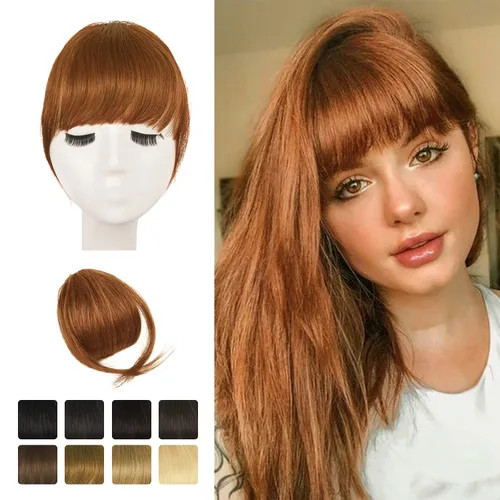 Vista 12 de BARSDAR Flequillo postizo de pelo humano real - Flequillo postizo 100% pelo humano para mujeres - Extensiones de flequillo ondulado castaño rojizo
