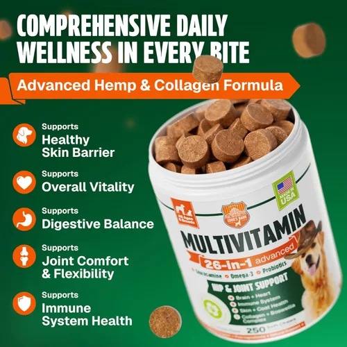 Vista 2 de Vitaminas y suplementos para perros, 250 masticables, multivitamínicos 26 en 1, masticables suaves con glucosamina, condroitina, probióticos, Omega