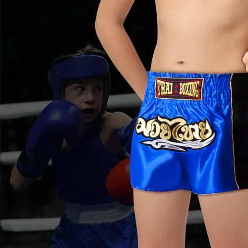 Vista 6 de Pantalones cortos de Muay Thai para niños (4 años a 10 años) para boxeo, kickboxing, artes marciales mixtas, entrenamiento para niños y niñas