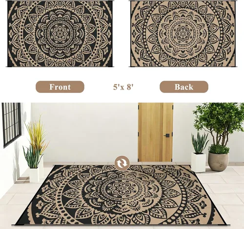 Vista 5 de Bsmathom Alfombra impermeable para exteriores de 5'x8' reversible de pajita de plástico estilo boho para patio, terraza, camping, alfombras para RV