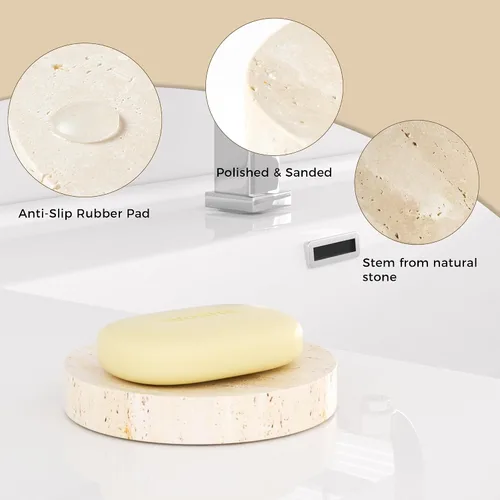 Vista 2 de Jaboneras de Mármol de Piedra Travertino Natural Soporte de Esponja para Baño, Bañera, Ducha, Fregadero de Cocina, Caja de Jabón Redonda Artesanal
