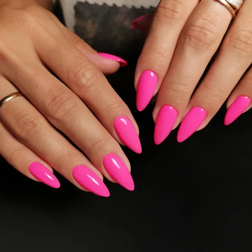 Vista 8 de Uñas postizas de presión con forma de almendra rosa de longitud media estilo stiletto, uñas artificiales de gel suave reutilizables acrílicas