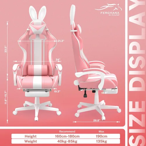 Vista 3 de Ferghana Kawaii Bunny Ears - Silla de juegos con reposapiés y masaje, silla ergonómica de cuero para juegos de computadora para niñas, adultos, Rosa