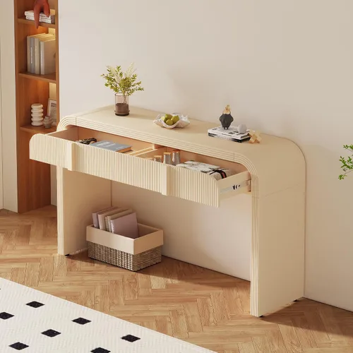 Vista 7 de Knocbel Mesa consola con 2 cajones ranurados, mesas de sofá modernas con curvas redondeadas únicas y superficie lisa para sala de estar, entrada, 55