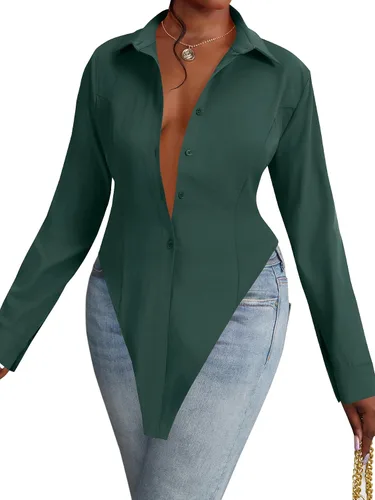 Vista 11 de OPOIPIN Blusa de manga larga con cuello en V para mujer, con botones, dobladillo con abertura