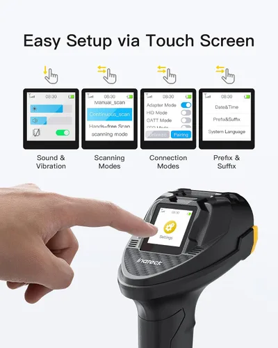Vista 2 de Inateck Escáner de código de barras Bluetooth, escáner de mano inalámbrico 2D 1D, escáner de código QR, equipado con una pantalla táctil y base