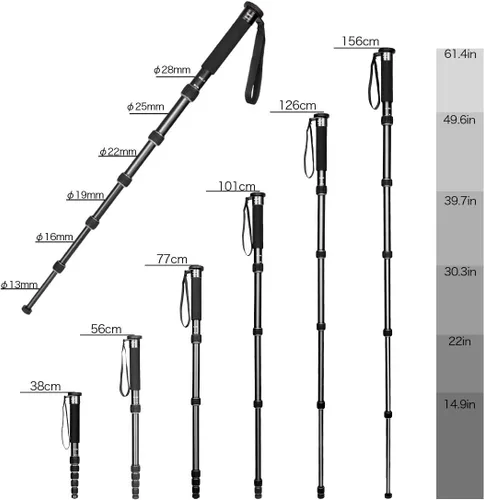 Vista 3 de Koolehaoda Monopod de cámara de 61", aluminio 6-Sección portátil de viaje Negro