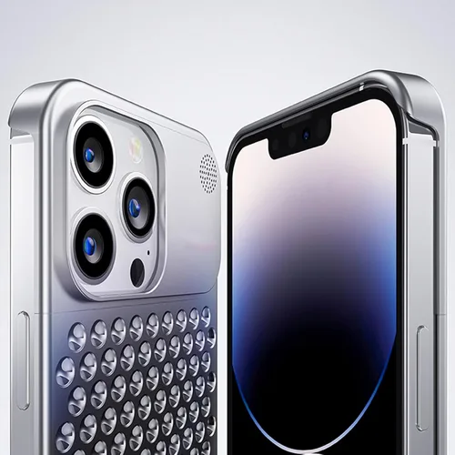 Vista 7 de Funda para teléfono compatible con iPhone 15 Pro Max de aleación de aluminio disipación de calor, transpirable, refrescante, hueca, sin bordes, Gris