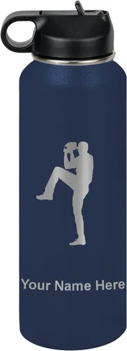 Vista 68 de LaserGram Botella de agua personalizada, jarra de béisbol, acero inoxidable de doble pared aislada al vacío con popote superior, regalo grabado Negro
