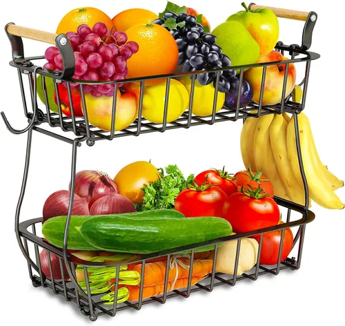 Vista 8 de DINEST Cesta de frutas de 2 niveles para encimera de cocina, organizador de almacenamiento de frutas y verduras de metal desmontable con mango