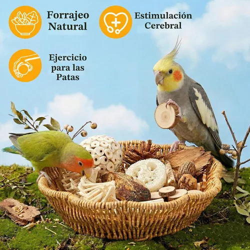Vista 3 de Juego de 20 juguetes de forraje para pájaros con cesta colgante
