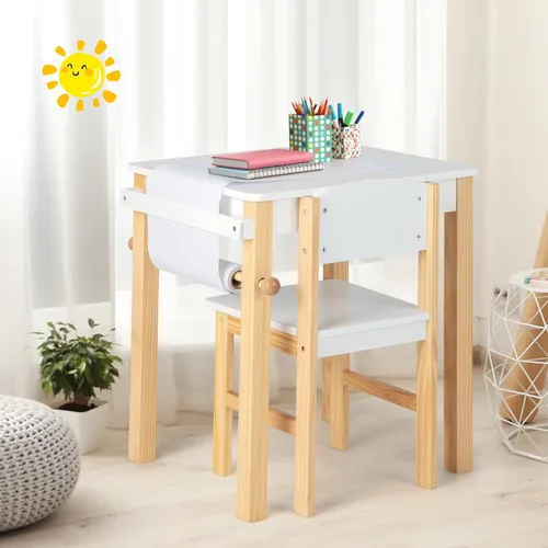 Vista 9 de Costzon Juego de mesa y silla para niños, mesa de arte con rollo de papel, cajón, 2 rotuladores, mesa de actividades de madera, adecuada para sala