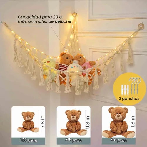 Vista 7 de Hamaca de animales de peluche con 75 LED, hamaca de macramé de almacenamiento de juguetes extragrande de 55 pulgadas, red de juguetes colgante