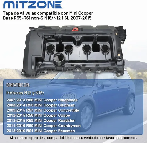 Vista 2 de MITZONE Cubierta de válvula de culata compatible con 2007-2016 Mini Cooper Base R55-R61 non-S N16/N12 1.6L Reemplazar 11127646554