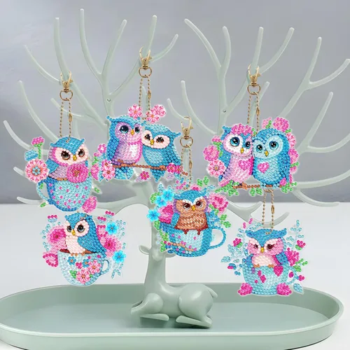Vista 6 de LUSandy Juego de 6 llaveros de pintura de diamante con diseño de búho y flores azules 5D para adultos, diseño especial de búho de doble cara
