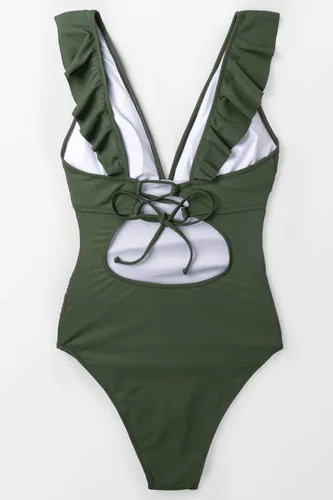 Vista 4 de CUPSHE Traje de baño de una pieza con volantes para mujer con cuello en V y cordones