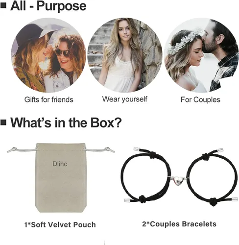 Vista 6 de Dlihc 2 pulseras para parejas para mujeres y hombres, pulseras de corazón para parejas, pulseras a juego para mejor amigo, novio y novia