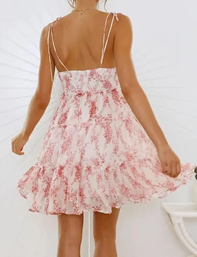Vista 2 de Mansy Mini vestido floral de verano para mujer 2023, vestido corto sin mangas, con volantes y tirantes delgados