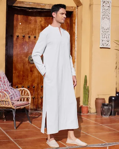 Vista 4 de LVCBL Kaftan Thobe - Bata musulmana grande y alta para hombre, de manga larga, caftán Blanco