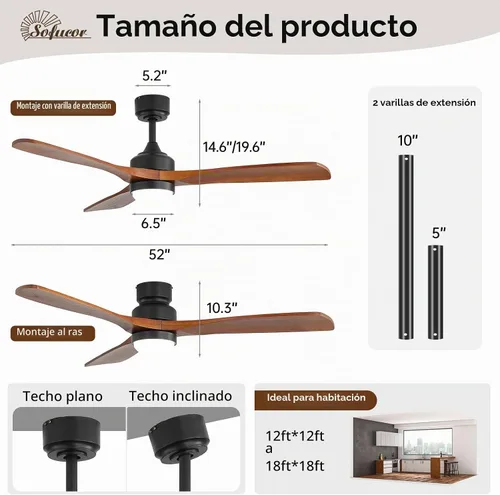 Vista 8 de Sofucor Ventilador de techo de madera maciza de 52 pulgadas, ventilador de techo de montaje empotrado y varilla descendente con luces y control