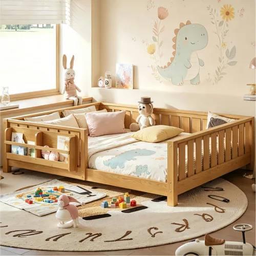 Vista 24 de Marco de cama Montessori Twin con estantería y barandillas, color beige