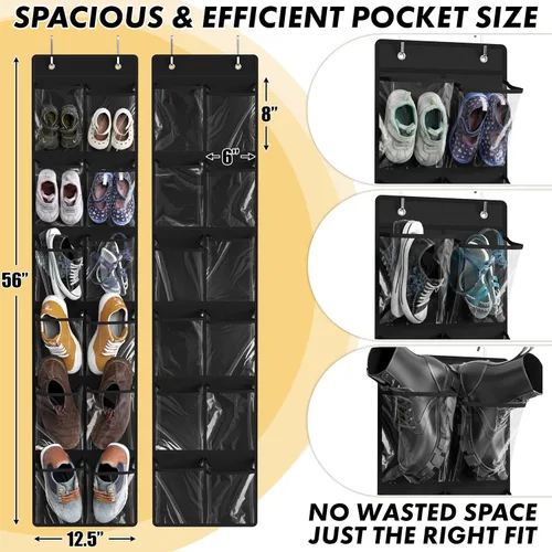 Vista 2 de Simple Houseware 24 Bolsillos - 2PK 12 Bolsillos Grandes Organizador de Zapatos Colgante para Puerta, Negro