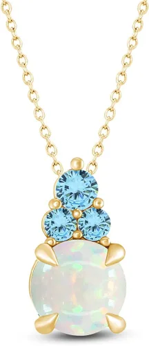 Vista 2 de Colgante redondo de ópalo blanco natural y topacio azul suizo con piedras preciosas y aretes colgantes en oro de 14 quilates sobre plata de ley