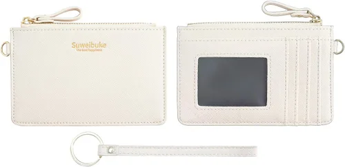 Vista 4 de Estuche Delgado para Tarjetas RFID para Mujer con Correa de Muñeca, Cartera con Cremallera para ID, Cartera de Cuero Pequeña, Monedero con Llavero