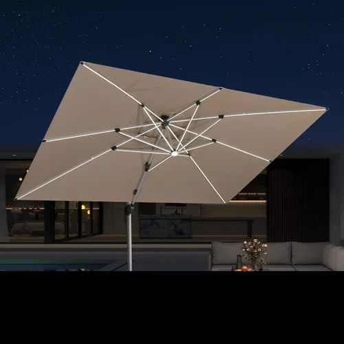 Vista 36 de PURPLE LEAF Sombrilla de patio de 9 x 12 pies con luces, sombrilla rectangular voladiza para exteriores, funciona con energía solar, LED